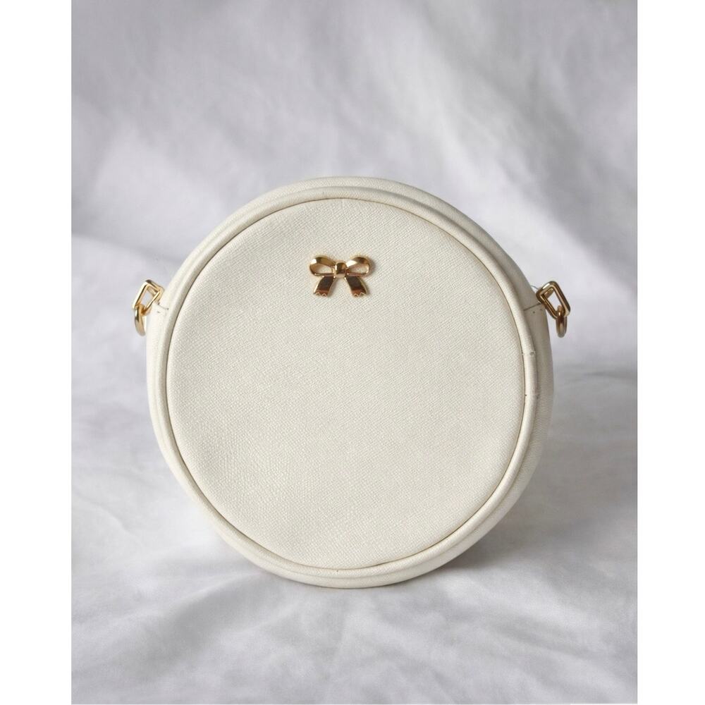 White Round Mini Crossbody Bag Bow Detail Faux Leather
